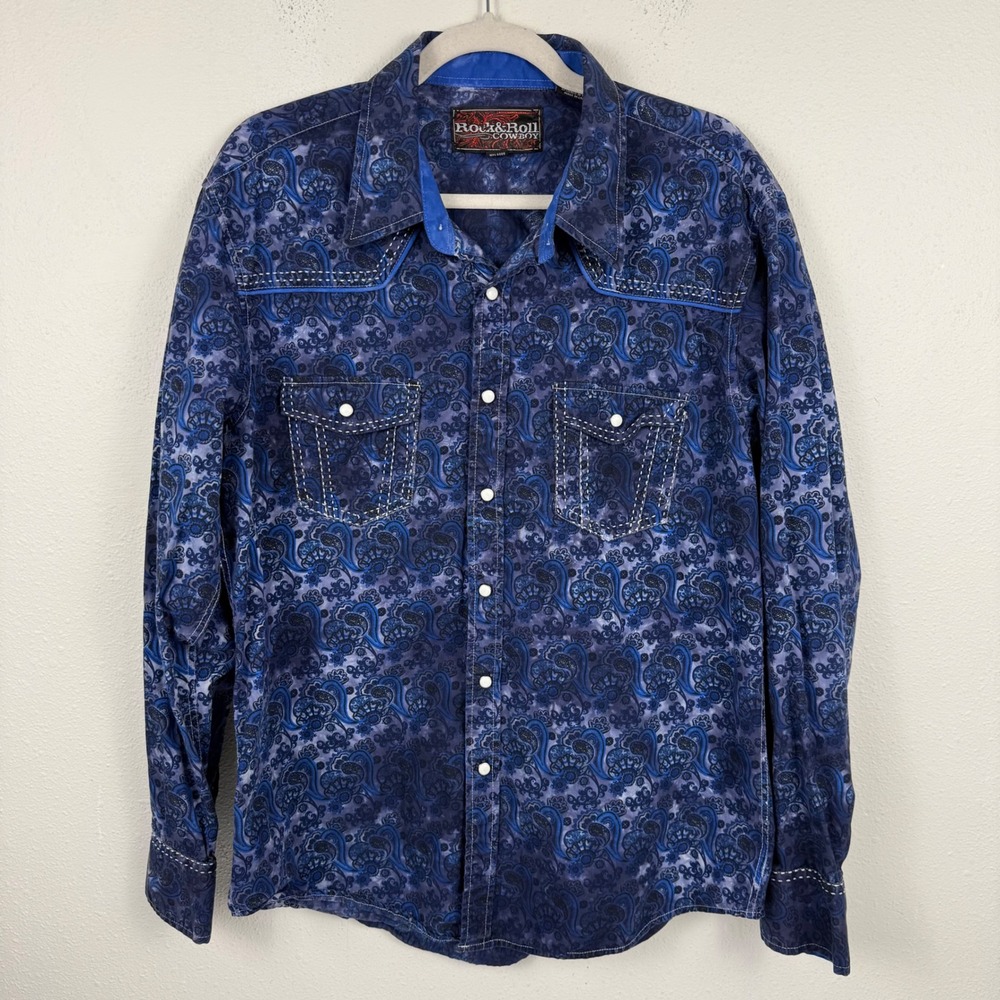 Rock & Roll Cowboy Mens Large Blue Paisley Western Snap Long Sleeve Shirt B2S125